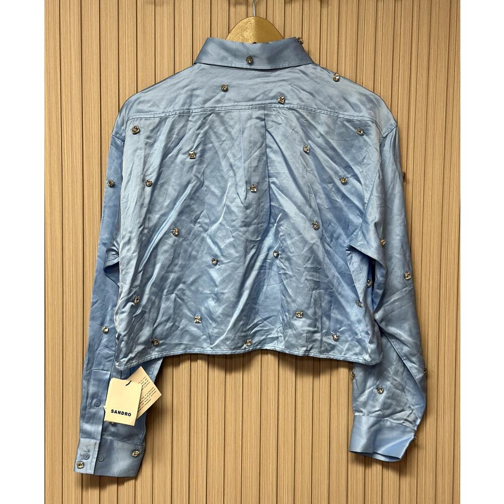 Sandro Paris Satiny Rhinestone Shirt in Sky Blue Size S - Picture 2 of 15